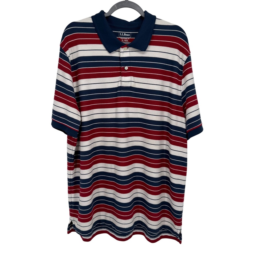 LL Bean Men's Traditional Fit XL REG Red White Navy Striped‎ Polo Shirt